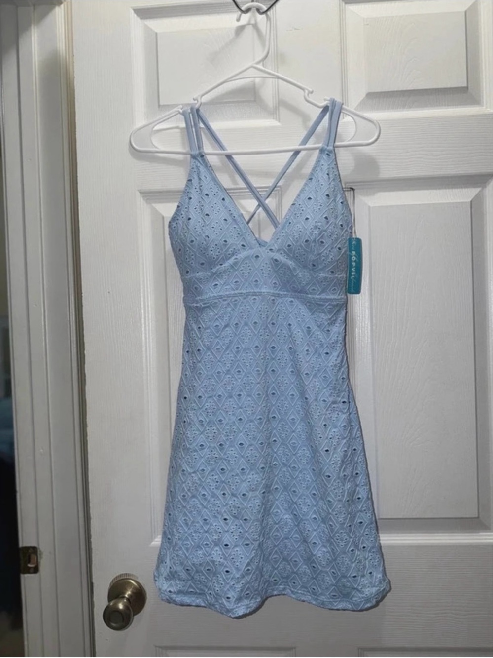 Light Blue Eyelet Fit & Flare Dress with Crisscross Straps